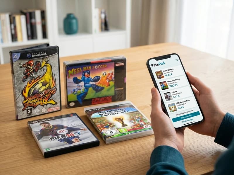 Retro-Spiele auf einem Tisch als Symbol für eine Sammlung mit Wertprüfung