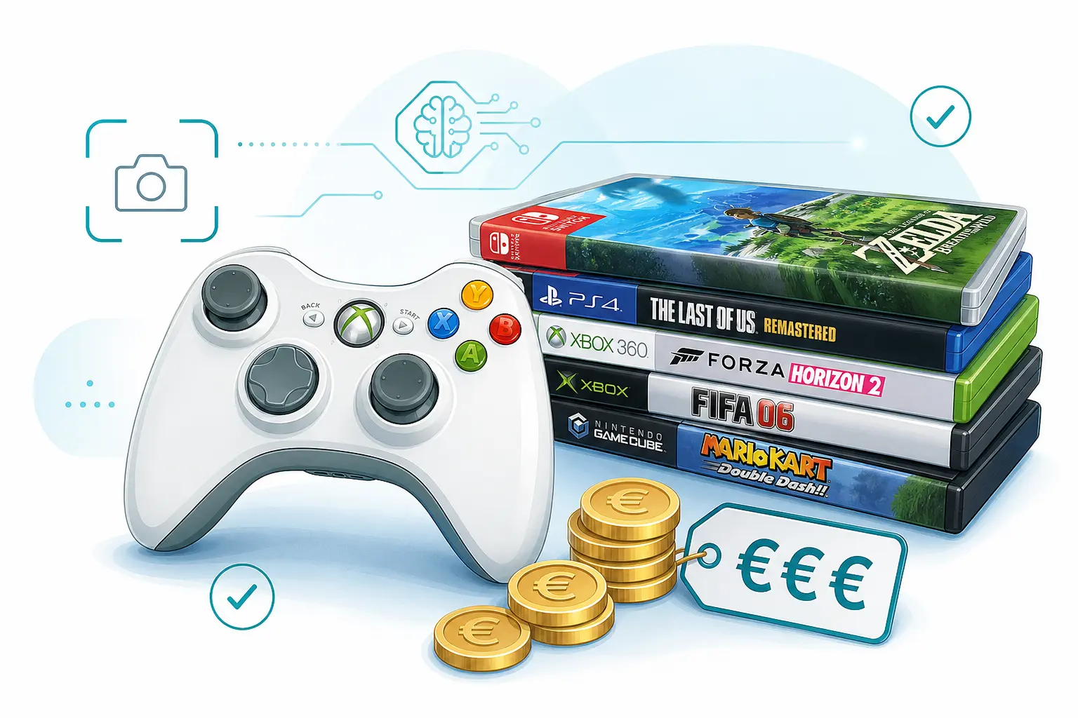 Illustration mit Controller, Videospielen und Zubehör zum Verkauf von Games