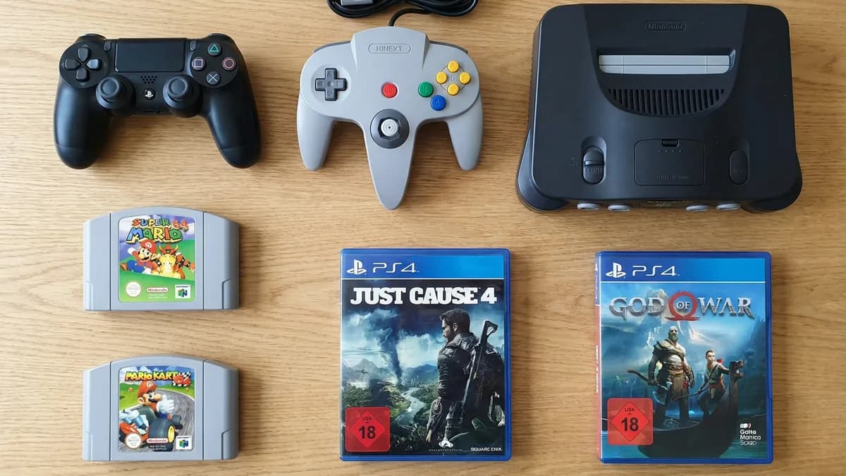 Beispiel: Spiele und Controller von oben fotografiert