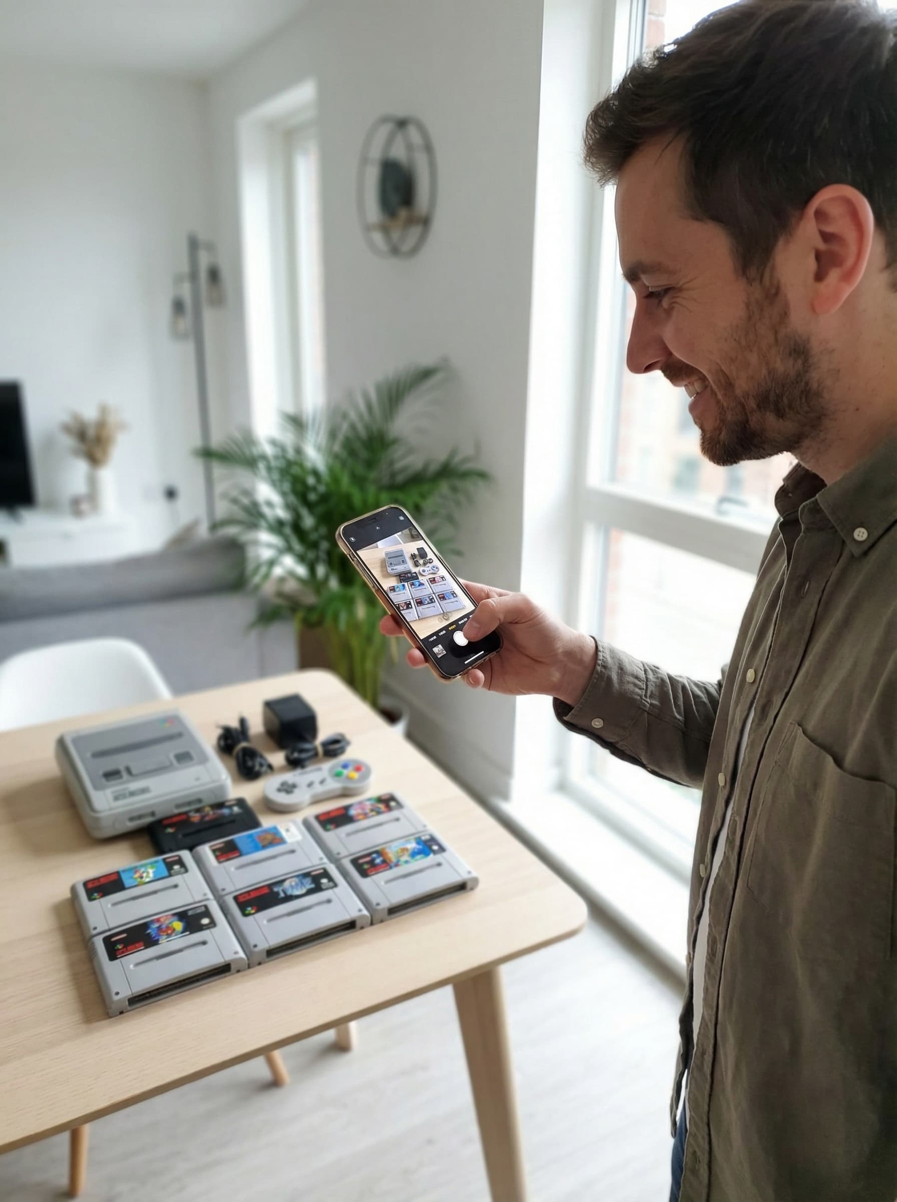 Person fotografiert eine Super Nintendo Entertainment System Sammlung