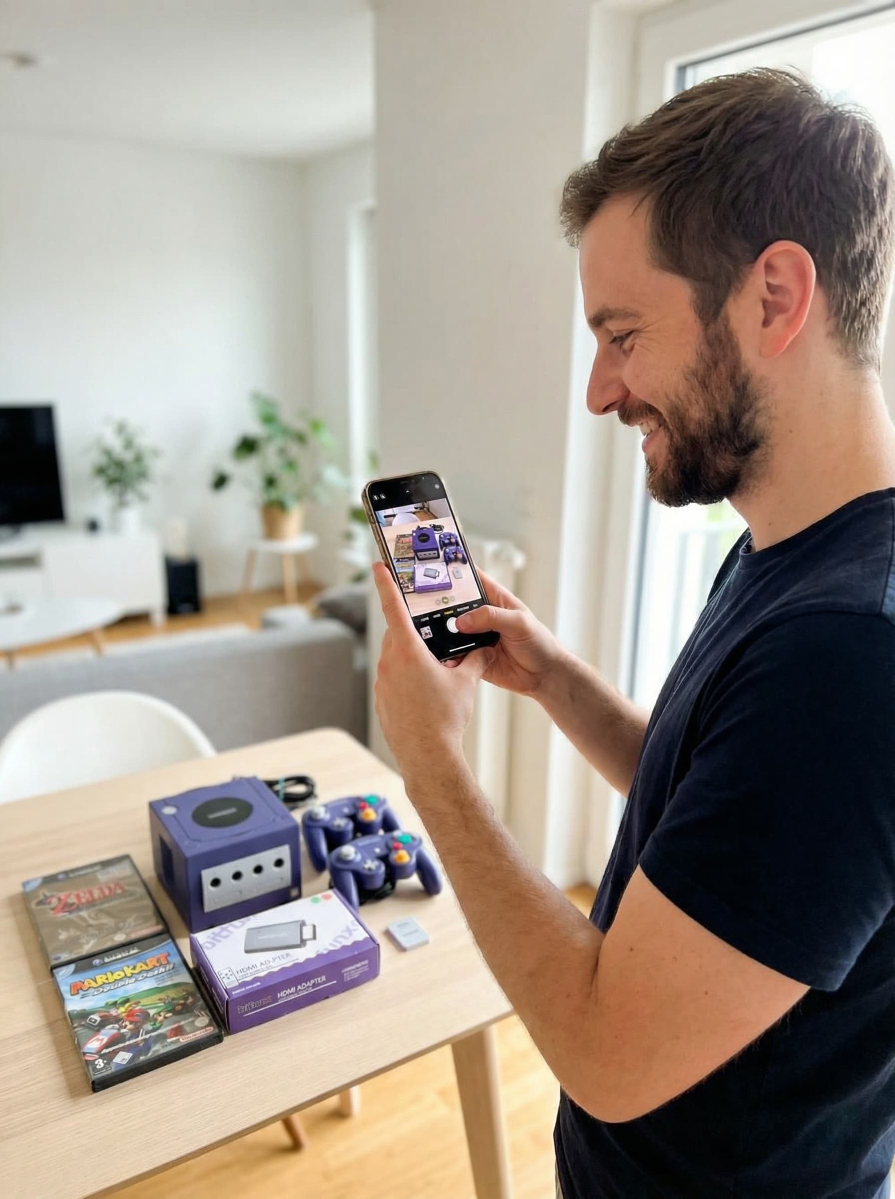 Person fotografiert eine Nintendo GameCube Sammlung