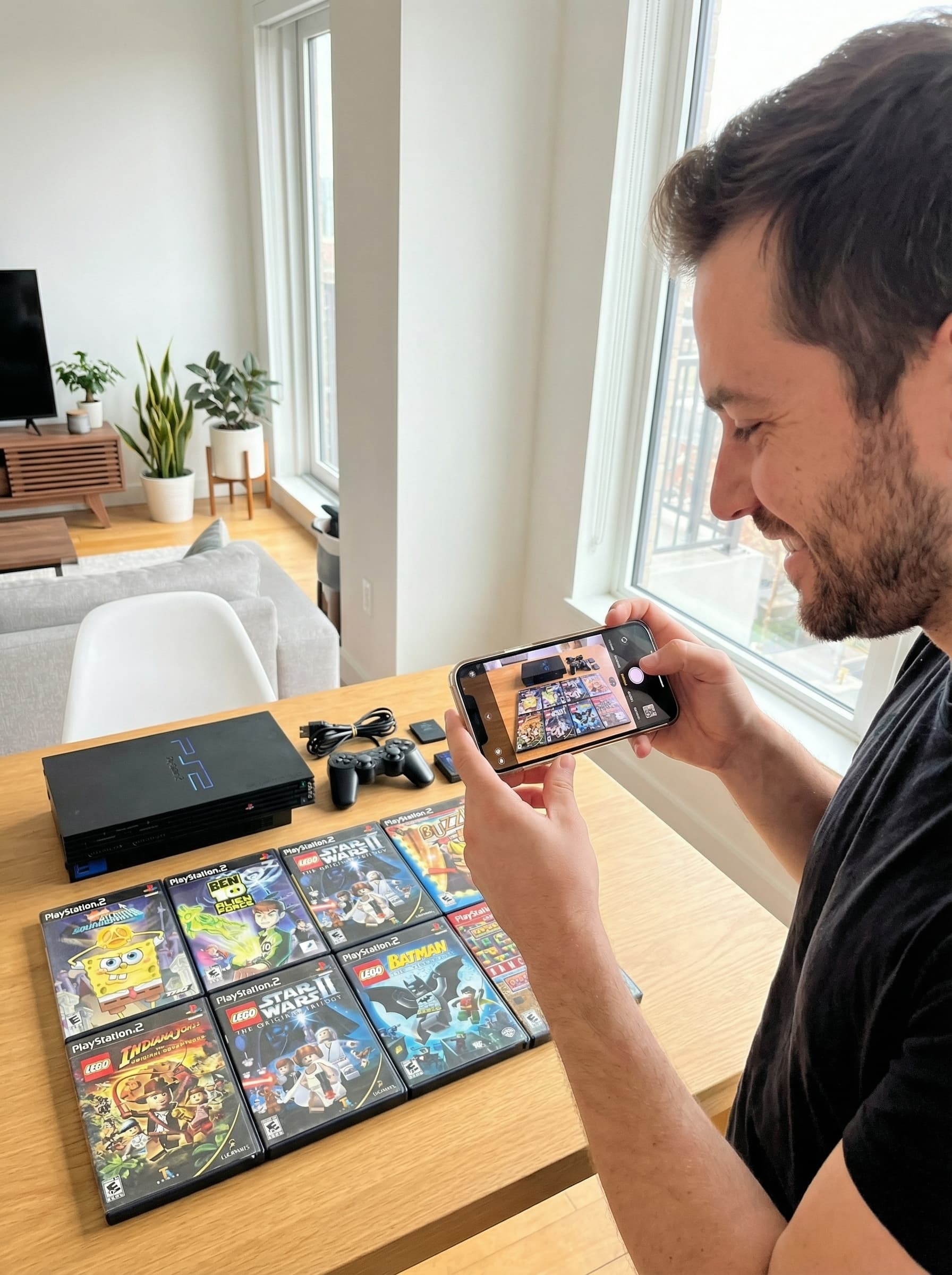 Person fotografiert eine PlayStation 2 Sammlung