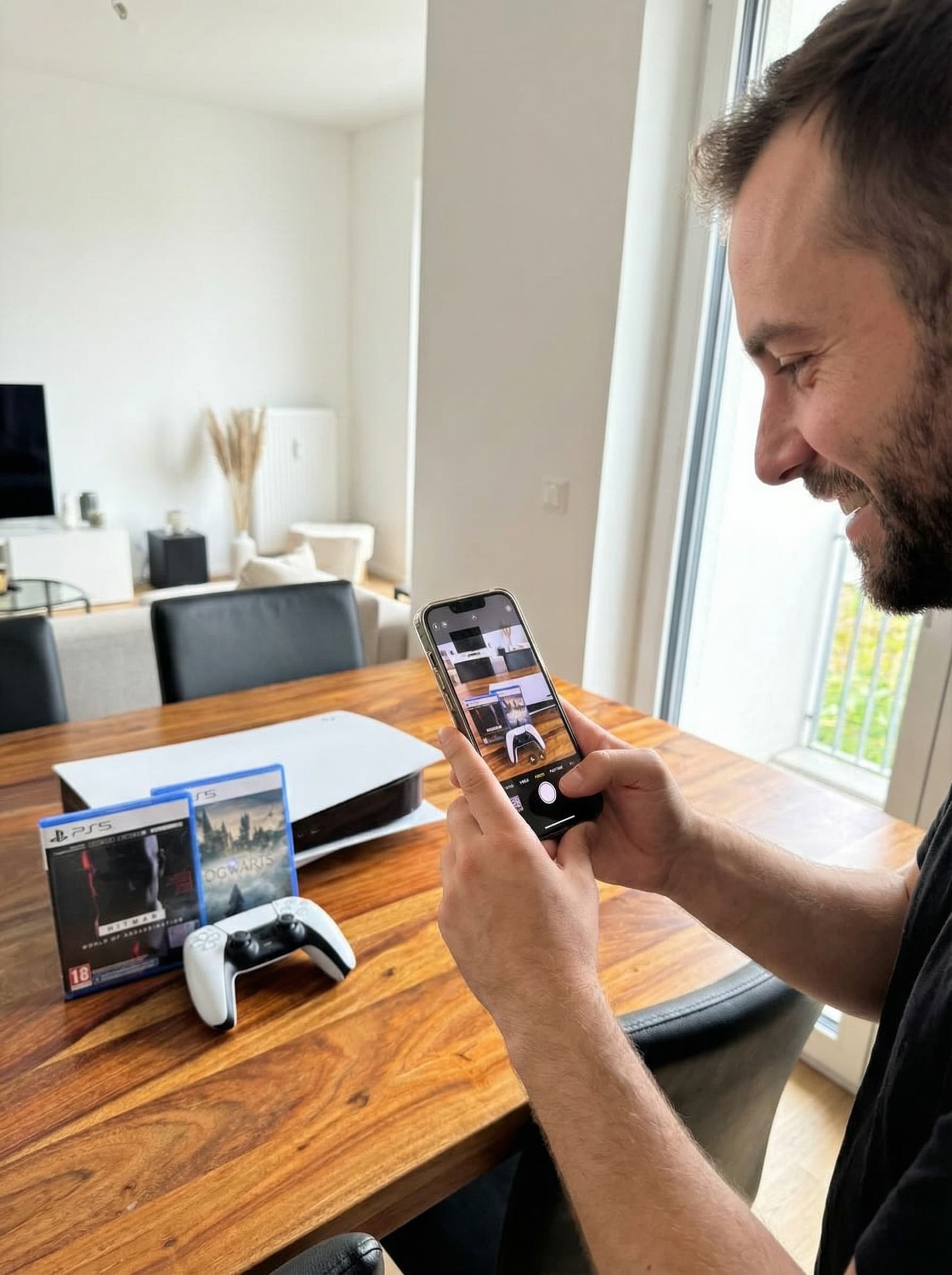 Person fotografiert eine PlayStation 5 Sammlung