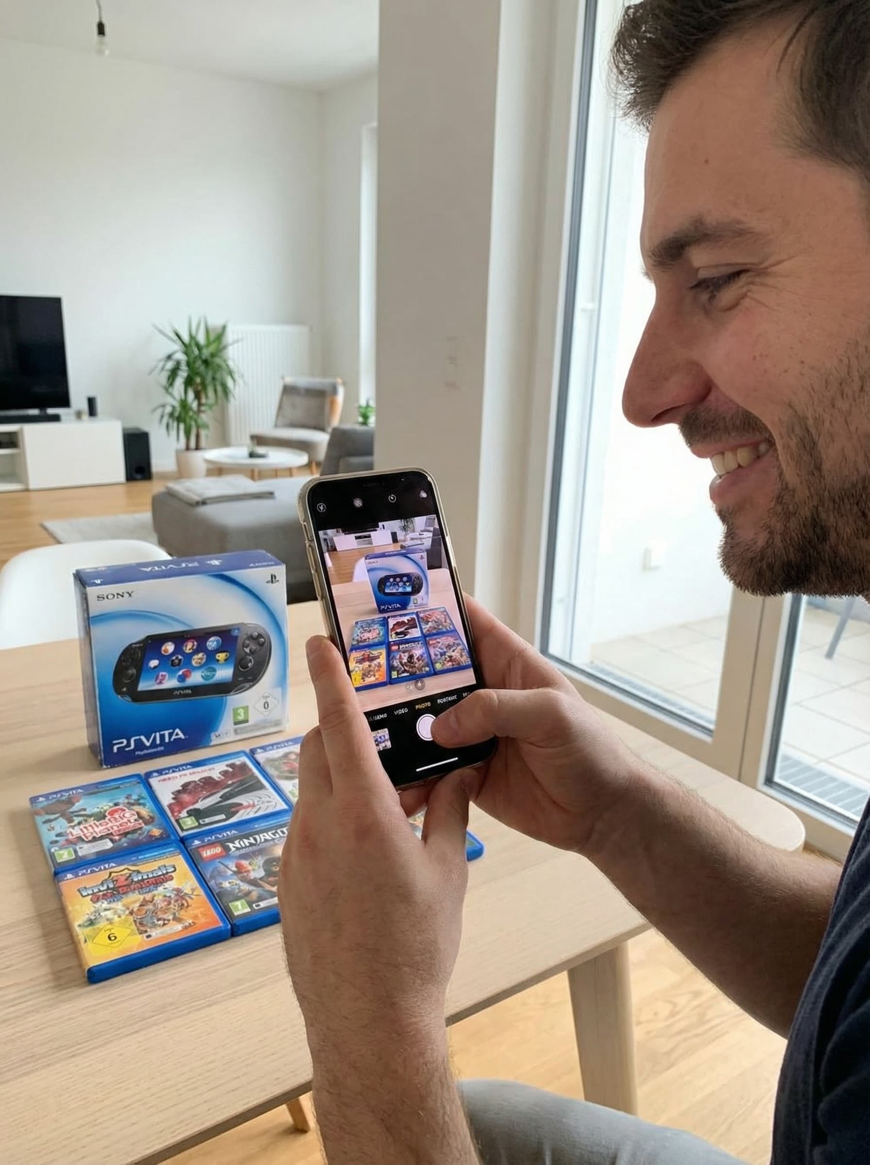 Person fotografiert eine PlayStation Vita Sammlung