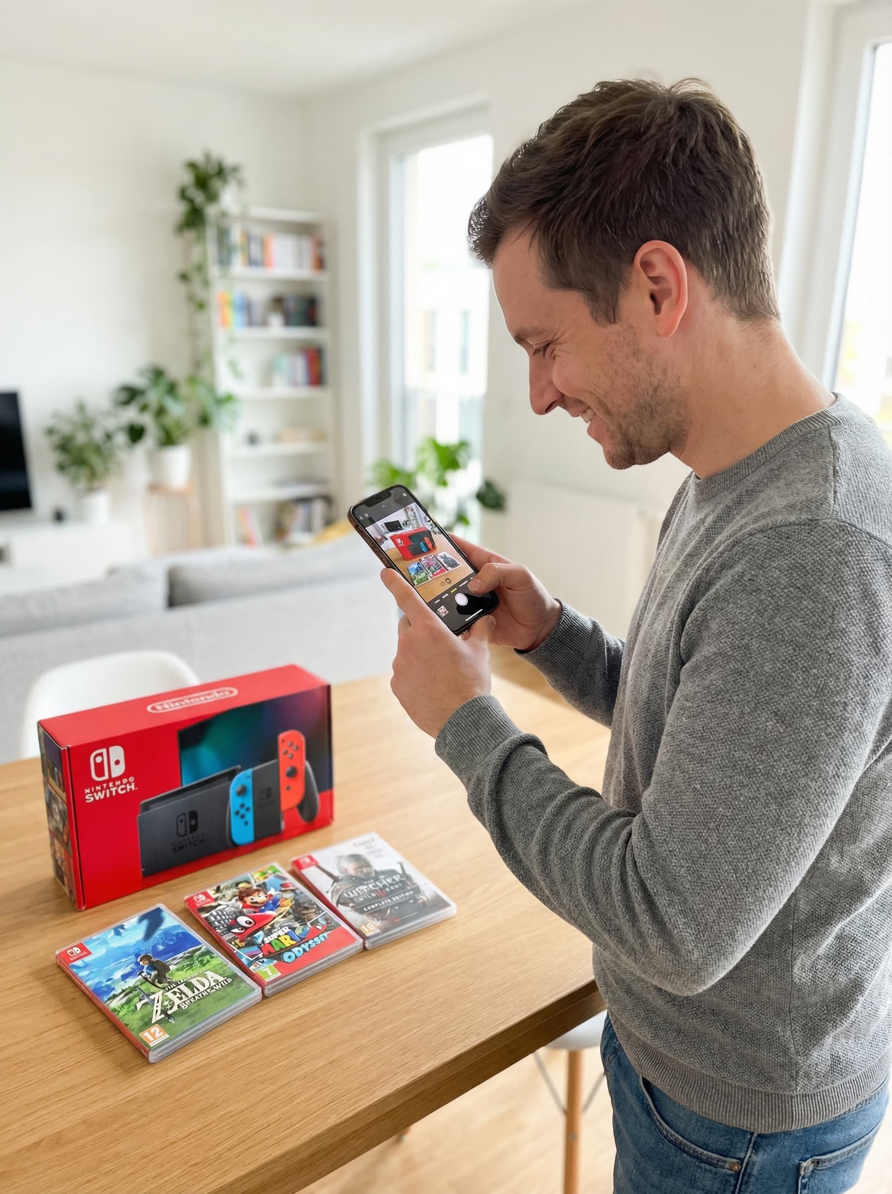 Person fotografiert eine Nintendo Switch Sammlung